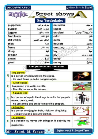 17
New Vocabularies
puppeteer ‫عرائس‬ ‫محرك‬ musician ‫موسيقار‬
puppet ‫خشبية‬ ‫عروسة‬ singer ‫مغنى‬
juggler ‫بالكور‬ ‫العب‬ acrobat "‫بهلوان‬ "‫األكروبات‬
fire blower ‫النار‬ ‫نافخ‬ artist ‫فنان‬
stilt walker ‫العصى‬ ‫على‬ ‫الماشى‬ actor ‫ممثل‬
stick ‫عصاة‬ trousers ‫بنطلون‬
flame ‫النار‬ ‫لهب‬ amazing ‫مدهش‬
string ‫خيط‬ toy ‫لعبة‬
dragon ‫تنين‬ joy ‫سرور‬ /‫بهجة‬
clown ‫مهرج‬ enjoy ‫يستمتع‬
giant ‫عمالق‬ annoy ‫يضايق‬
2)
-Fire blower:
is a person who blows fire in the circus.
- He used flame to do his dangerous job.
2)
- A stilt walker :
is a person who walks on stilts.
- The stilts are under his trousers.
3)
- A puppeteer :
is a person who pulls the strings to make the puppets
move , dance, walk.
- He uses string and sticks to move the puppets.
4)
- A juggler :
is a person who juggles balls, sticks on air quickly.
- Jugglers wear a colourful clothes.
5)
- A puppet :
is a wooden toy moves with strings on its body by the
puppeteer.
 