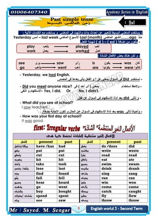 3
-‫الماضي‬ ‫في‬ ‫وانتهت‬ ‫بدأت‬ ‫أحداث‬ ‫عن‬ ‫للتعبير‬ ‫البسيط‬ ‫الماضي‬ ‫يستخدم‬: ‫اآلتية‬ ‫الكلمات‬ ‫مع‬ ‫يستخدم‬ ‫و‬
Yesterday ‫أمس‬ – last week ‫الماضي‬ ‫األسبوع‬ Last (month) ........‫الماضي‬ ‫الشهر‬ ago ‫منذ‬
-‫إضافة‬ ‫من‬ ‫يتكون‬( ed )–( d ).‫الفعل‬ ‫لنهاية‬
play ‫يلعب‬ played ‫لعب‬
work ‫يعمل‬ worked ‫عمل‬
-: ‫الشاذة‬ ‫األفعال‬ ‫بعض‬ ‫هناك‬ ‫لكن‬ ‫و‬
see ‫يرى‬ saw ‫رأى‬ is ‫يكون‬ was ‫كان‬
go ‫يذهب‬ went ‫ذهب‬ are ‫يكونوا‬ were ‫كانوا‬
- Yesterday, we had English.
-‫نستخدم‬Did.‫المصدر‬ ‫فى‬ ‫بعدها‬ ‫يأتى‬ ‫الفعل‬ ‫و‬ ‫؟‬ ‫هل‬ ‫بمعنى‬ ‫السؤال‬ ‫فى‬
- Did you meet anyone nice? -‫استخدام‬ ‫والحظ‬‫فى‬ ) ‫أحد‬ ‫أى‬ ( ‫بمعنى‬
‫النفى‬ ‫و‬ ‫-االستفهام‬ Yes, I did. Or No, I didn't.
-‫تأتى‬ ‫و‬did.‫فعل‬ ‫عن‬ ‫السؤال‬ ‫في‬ ‫االستفهام‬ ‫أداة‬ ‫بعد‬
- What did you see at school?
I saw teachers.
-‫تأتى‬ ً‫ا‬‫وأحيان‬was‫السؤال‬ ‫في‬ ‫االستفهام‬ ‫أداة‬ ‫بعد‬.‫بصفة‬ ‫اإلجابة‬ ‫تكون‬ ‫و‬ ‫الحال‬ ‫عن‬
- How was your first day at school?
It was good.
‫األفعال‬‫منتظمة‬ ‫الغير‬‫هى‬ ‫كما‬ ‫تحفظ‬ ‫الشاذة‬
‫الفعل‬ present past ‫الفعل‬ present past
‫يملك/يتناول‬ have /has had ‫يفعل‬ do /does did
‫يضع‬ put put ‫يكتب‬ write wrote
‫يقطع‬ cut cut ‫يقرأ‬ read read
‫يضرب‬ hit hit ‫يأكل‬ eat ate
‫يأخذ‬ take took ‫يسبح‬ swim swam
‫يقفد‬‫يخسر‬ / lose lost ‫يشرب‬ drink drank
‫يجد‬ find found ‫يغنى‬ sing sang
‫يقع‬ fall fell ‫يجرى‬ run ran
‫يسمع‬ hear heard ‫يفوز‬ win won
‫يذهب‬ go went ‫يأتى‬ come came
‫يشترى‬ buy bought ‫يمسك‬ catch caught
‫يقضى‬‫/يصرف‬ spend spent ‫يطير‬ fly flew
‫يرى‬ see saw ‫يرمى‬ throw throw
 