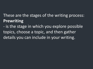 These are the stages of the writing process:
Prewriting
- is the stage in which you explore possible
topics, choose a topic, and then gather
details you can include in your writing.
 