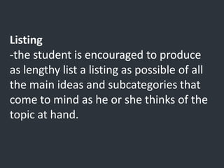 Listing
-the student is encouraged to produce
as lengthy list a listing as possible of all
the main ideas and subcategories that
come to mind as he or she thinks of the
topic at hand.
 