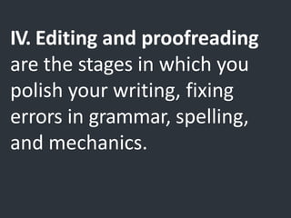 IV. Editing and proofreading
are the stages in which you
polish your writing, fixing
errors in grammar, spelling,
and mechanics.
 