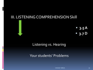 III. LISTENING COMPREHENSION Skill
 3.5 A
 3.7 D

Listening vs. Hearing

Your students’ Problems
HANADI MIRZA

10

 
