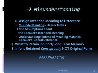  Misunderstanding
6. Assign Intended Meaning to Utterance
 Misunderstanding= Hearer Makes

False Assumptions about
the Speaker’s Intended Meaning
 Understanding= Intended Meaning Matches
Speaker’s Literal Utterance

7. What to Retain in Short/Long Term Memory
8. Info Is Retained Conceptually NOT Original Form
PARAPHRASING

HANADI MIRZA

13

 