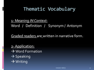 Thematic Vocabulary
1- Meaning IN Context:
Word / Definition / Synonym / Antonym
Graded readers are written in narrative form.

2- Application:
 Word Formation
 Speaking
 Writing
HANADI MIRZA

17

 