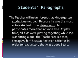 Students’ Paragraphs
The Teacher will never forget that kindergarten
student named Jad. Because he was the most
active student in her classroom. He
participates more than anyone else. At play
time, all Kids were playing together, while Jad
was sitting alone, the Teacher realize that,
she agave him his seat next to his friends in
order to read a story that was about Bears.

HANADI MIRZA

31

 