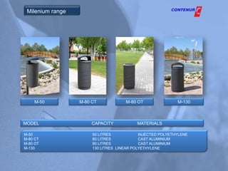 Milenium range




    M-50          M-80 CT            M-80 OT                M-130



MODEL                  CAPACITY           MATERIALS

M-50                   50 LITRES            INJECTED POLYETHYLENE
M-80 CT                80 LITRES            CAST ALUMINIUM
M-80 OT                80 LITRES            CAST ALUMINIUM
M-130                  130 LITRES LINEAR POLYETHYLENE
 