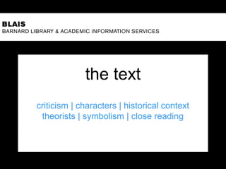 the text
criticism | characters | historical context
theorists | symbolism | close reading
 