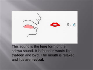 This sound is the long form of the
schwa sound. It is found in words like
thirteen and bird. The mouth is relaxed
and lips are neutral.
 