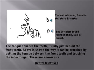 The voiced sound, found in
                                   the, there & feather




                                    The voiceless sound
                                    found in think, thin &
                                    thought


The tongue touches the teeth, usually just behind the
front teeth. Above is shown the way it can be practised by
putting the tongue between the front teeth and touching
the index finger. These are known as a
                     Dental fricatives
 