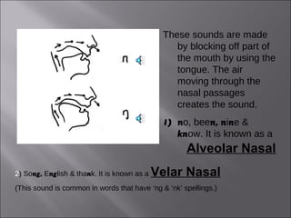 These sounds are made
                                                 by blocking off part of
                               1)                the mouth by using the
                                                 tongue. The air
                                                 moving through the
                                                 nasal passages
                                                 creates the sound.
                               2)
                                              1) no, been, nine &
                                                 know. It is known as a
                                                     Alveolar Nasal
2) Song, English & thank. It is known as a   Velar Nasal
(This sound is common in words that have ‘ng & ‘nk’ spellings.)
 
