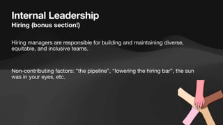 Internal Leadership
Hiring (bonus section!)
Hiring managers are responsible for building and maintaining diverse,
equitable, and inclusive teams.
Non-contributing factors: “the pipeline”, “lowering the hiring bar”, the sun
was in your eyes, etc.
 