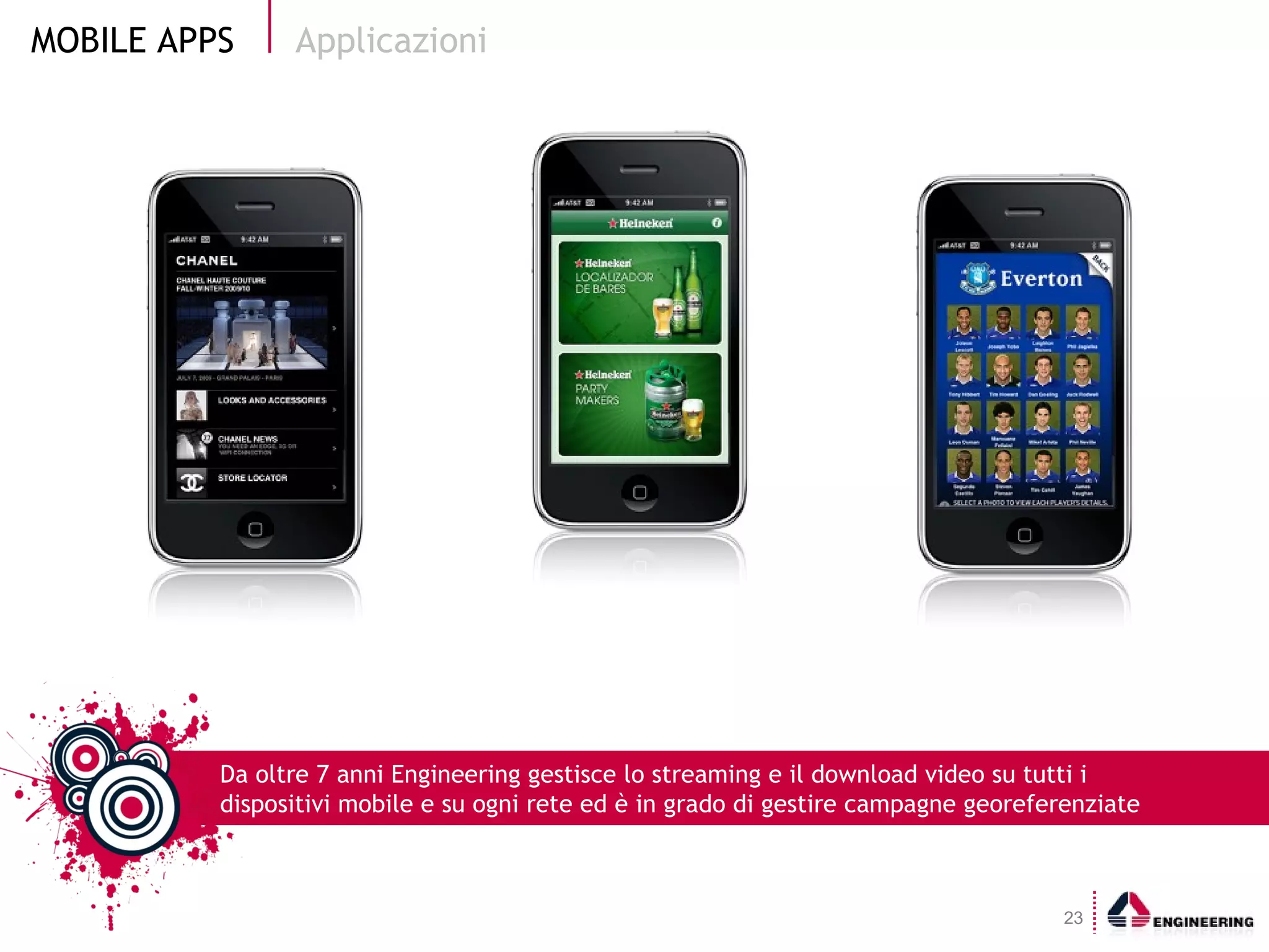 Applicazioni Da oltre 7 anni Engineering gestisce lo streaming e il download video su tutti i dispositivi mobile e su ogni rete ed è in grado di gestire campagne georeferenziate 