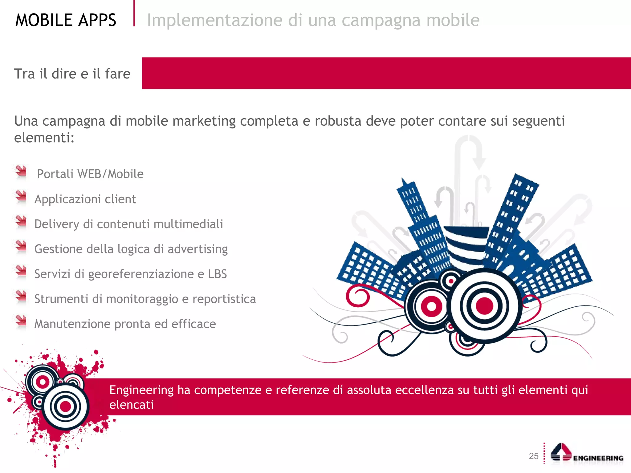Una campagna di mobile marketing completa e robusta deve poter contare sui seguenti elementi: Implementazione di una campagna mobile Tra il dire e il fare Engineering ha competenze e referenze di assoluta eccellenza su tutti gli elementi qui elencati Portali WEB/Mobile  Applicazioni client Delivery di contenuti multimediali Gestione della logica di advertising Servizi di georeferenziazione e LBS Strumenti di monitoraggio e reportistica Manutenzione pronta ed efficace 