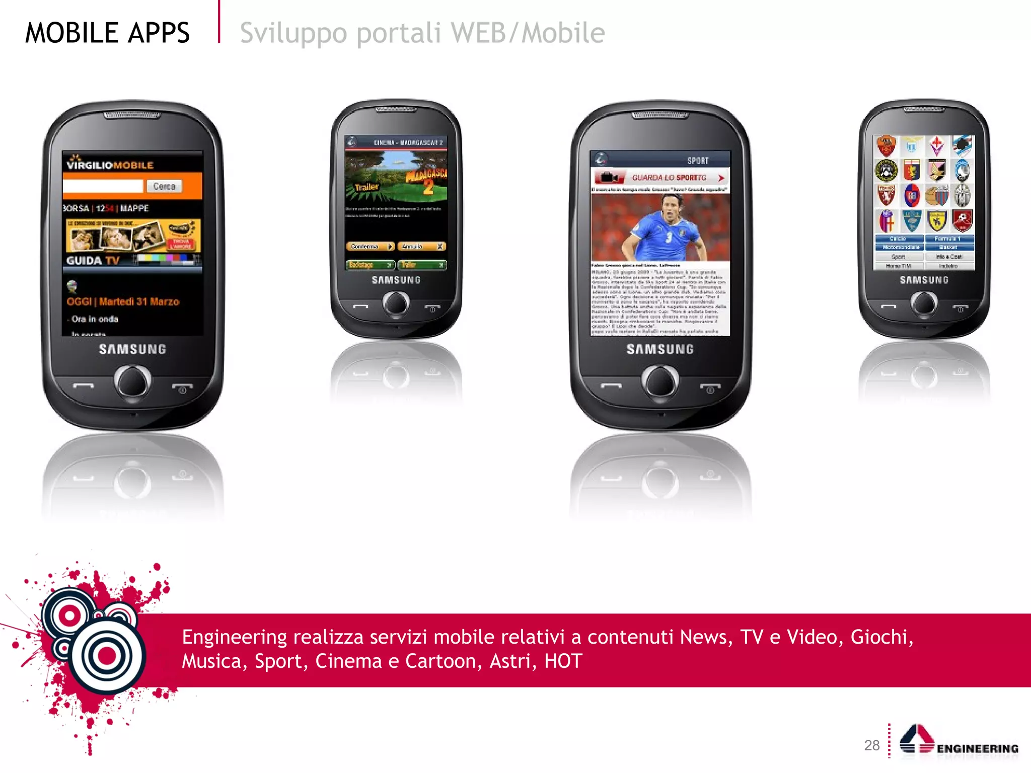 Sviluppo portali WEB/Mobile Engineering realizza servizi mobile relativi a contenuti News, TV e Video, Giochi, Musica, Sport, Cinema e Cartoon, Astri, HOT 
