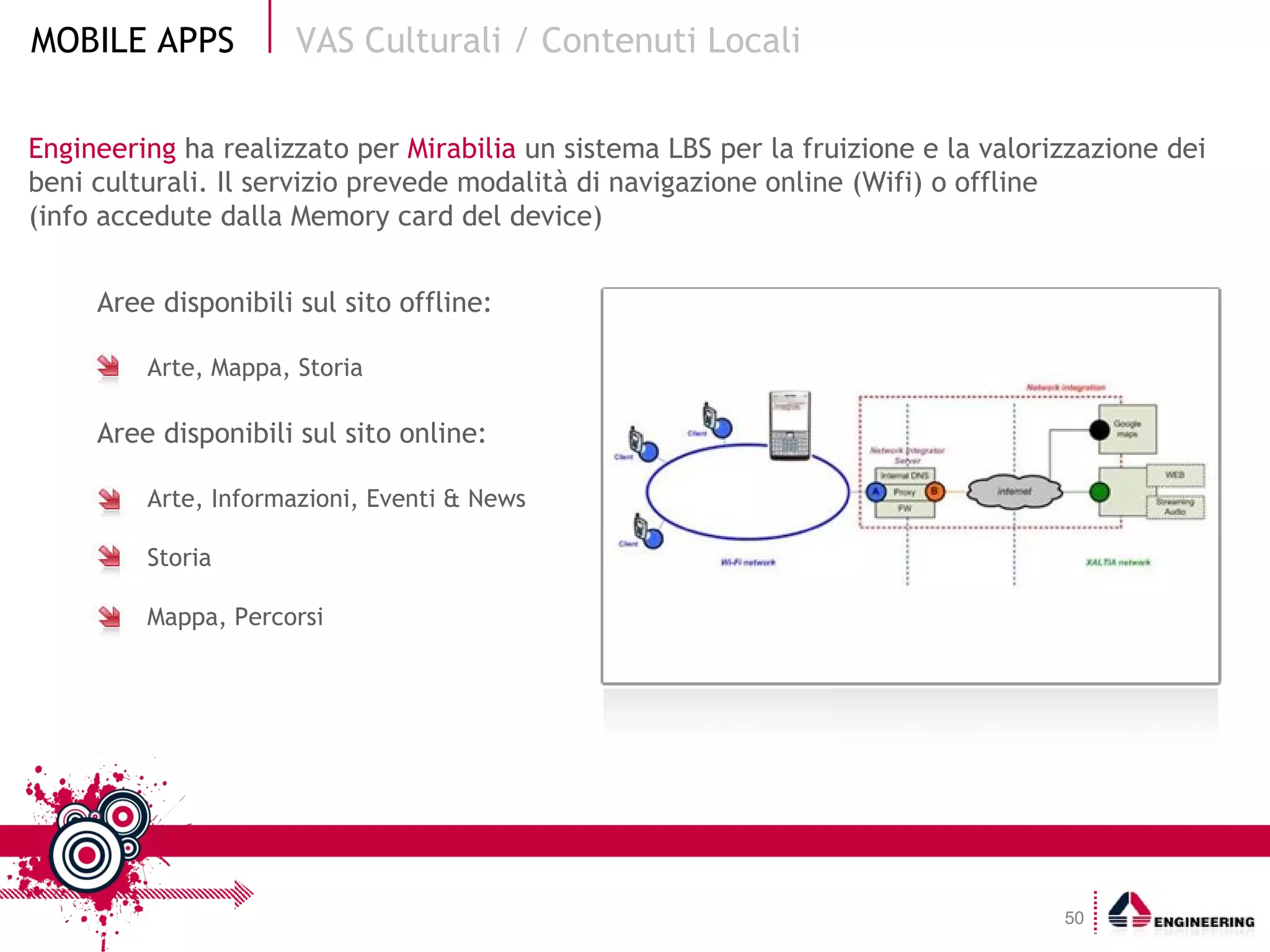 Engineering  ha realizzato per  Mirabilia  un sistema LBS per la fruizione e la valorizzazione dei beni culturali. Il servizio prevede modalità di navigazione online (Wifi) o offline  (info accedute dalla Memory card del device) VAS Culturali / Contenuti Locali Aree disponibili sul sito offline: Arte, Mappa, Storia Aree disponibili sul sito online: Arte, Informazioni, Eventi & News Storia Mappa, Percorsi 