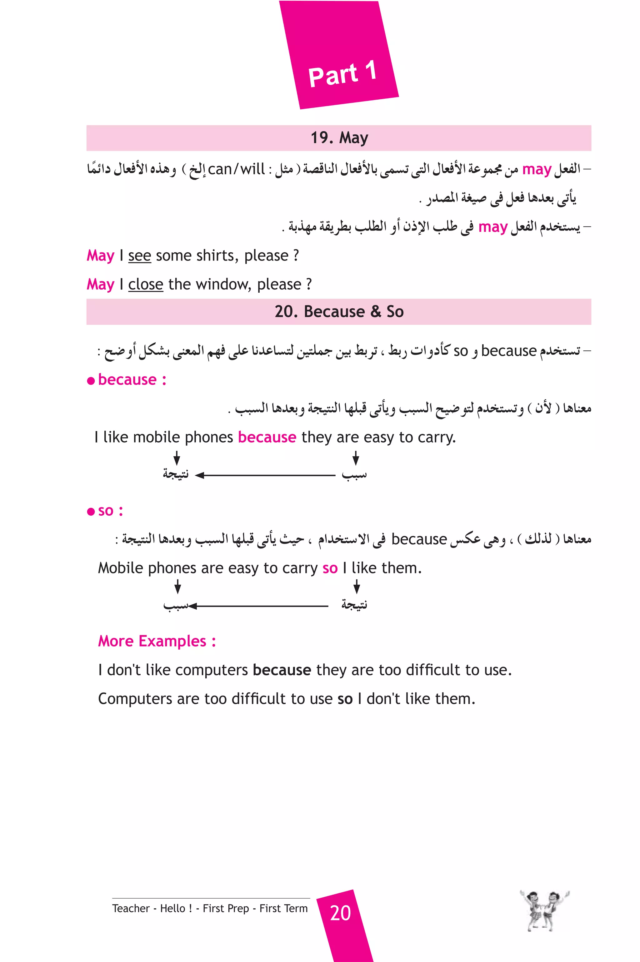 Part 1 
19. May 
ÉkªFGO ∫É©aC’G √ògh ( ïdEG can/will : πãe ) á°übÉædG ∫É©aC’ÉH ≈ª°ùJ ≈àdG ∫É©aC’G áYƒª› øe may π©ØdG - 
Teacher - Hello ! - First Prep - First Term 20 
. Qó°üŸG á¨«°U ≈a π©a Égó©H ≈JCÉj 
. áHò¡e á≤jô£H ÖΠ£dG hCG ¿PE’G ÖΠW ≈a may π©ØdG Ωóîà°ùj - 
May I see some shirts, please ? 
May I close the window, please ? 
20. Because  So 
: í°VhCG πμ°ûH ≈æ©ªdG º¡a ≈ΠY ÉfóYÉ°ùàd ø«àΠªL ø«H §HôJ , §HQ äGhOCÉc so h because Ωóîà°ùJ - 
● because : 
. ÖÑ°ùdG Égó©Hh áé«àædG É¡ΠÑb ≈JCÉjh ÖÑ°ùdG í«°Vƒàd Ωóîà°ùJh ( ¿C’ ) ÉgÉæ©e 
I like mobile phones because they are easy to carry. 
áé«àf ÖÑ°S 
● so : 
: áé«àædG Égó©Hh ÖÑ°ùdG É¡ΠÑb ≈JCÉj å«M , ΩGóîà°S’G ≈a because ¢ùμY ≈gh , ( ∂dòd ) ÉgÉæ©e 
Mobile phones are easy to carry so I like them. 
ÖÑ°S áé«àf 
More Examples : 
I don't like computers because they are too difficult to use. 
Computers are too difficult to use so I don't like them. 
 