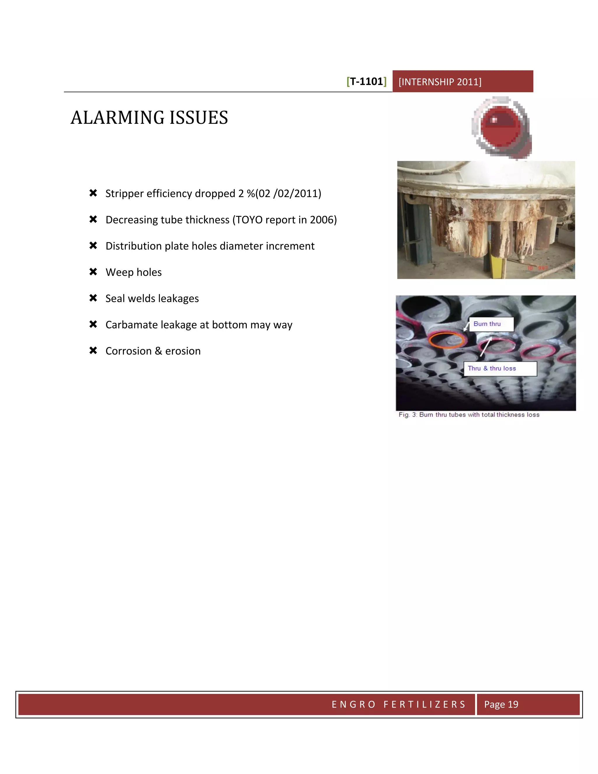[T-1101] [INTERNSHIP 2011]


ALARMING ISSUES


  Stripper efficiency dropped 2 %(02 /02/2011)

  Decreasing tube thickness (TOYO report in 2006)

  Distribution plate holes diameter increment

  Weep holes

  Seal welds leakages

  Carbamate leakage at bottom may way

  Corrosion & erosion




                                                  ENGRO FERTILIZERS               Page 19
 