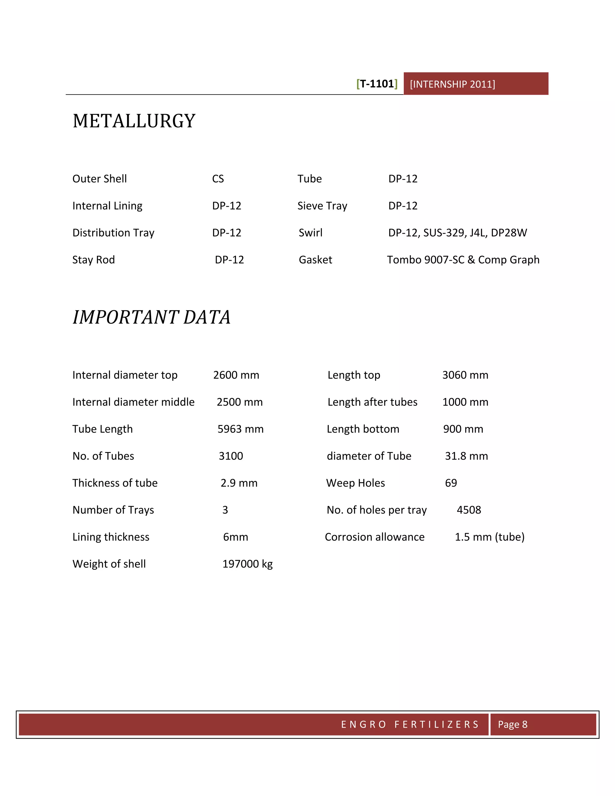 [T-1101] [INTERNSHIP 2011]


METALLURGY

Outer Shell                CS           Tube                 DP-12

Internal Lining            DP-12        Sieve Tray           DP-12

Distribution Tray          DP-12        Swirl                DP-12, SUS-329, J4L, DP28W

Stay Rod                   DP-12        Gasket               Tombo 9007-SC & Comp Graph



IMPORTANT DATA

Internal diameter top      2600 mm              Length top              3060 mm

Internal diameter middle   2500 mm              Length after tubes      1000 mm

Tube Length                5963 mm              Length bottom           900 mm

No. of Tubes                3100                diameter of Tube        31.8 mm

Thickness of tube           2.9 mm              Weep Holes              69

Number of Trays             3                   No. of holes per tray     4508

Lining thickness            6mm                 Corrosion allowance      1.5 mm (tube)

Weight of shell             197000 kg




                                                   ENGRO FERTILIZERS               Page 8
 