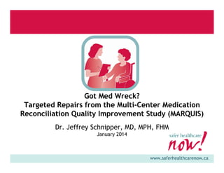 Got Med Wreck?
Targeted Repairs from the Multi-Center Medication
Reconciliation Quality Improvement Study (MARQUIS)
Dr. Jeffrey Schnipper, MD, MPH, FHM
January 2014

www.saferhealthcarenow.ca

 