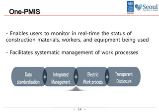 14
- Enables users to monitor in real-time the status of
construction materials, workers, and equipment being used
- Facilitates systematic management of work processes
One-PMIS
 