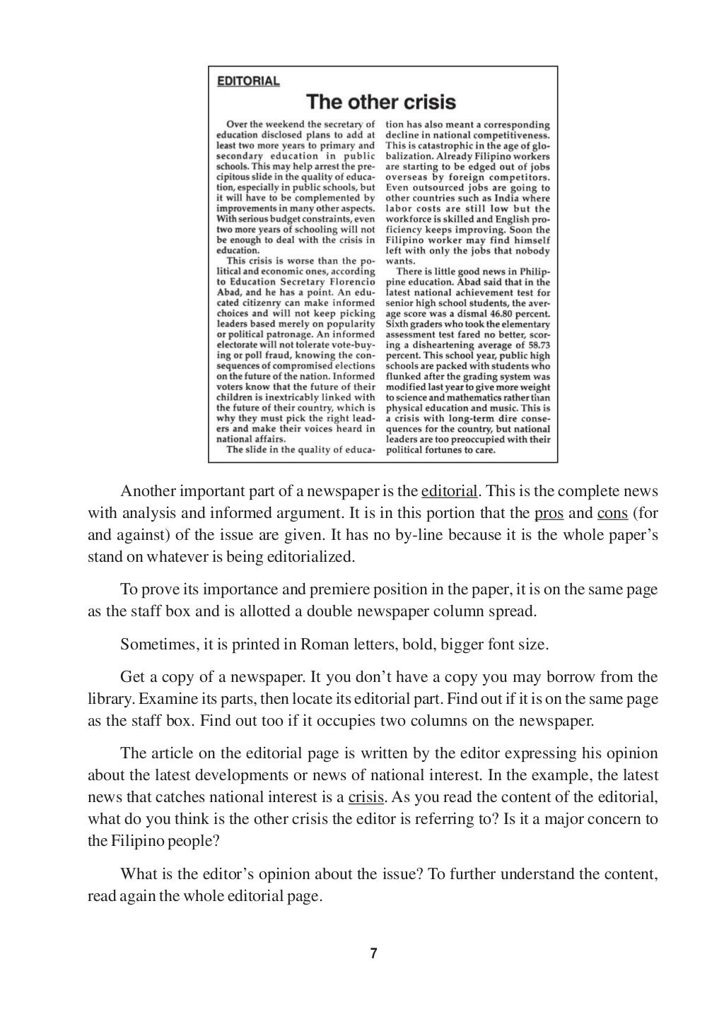 Eng parts of a newspaper