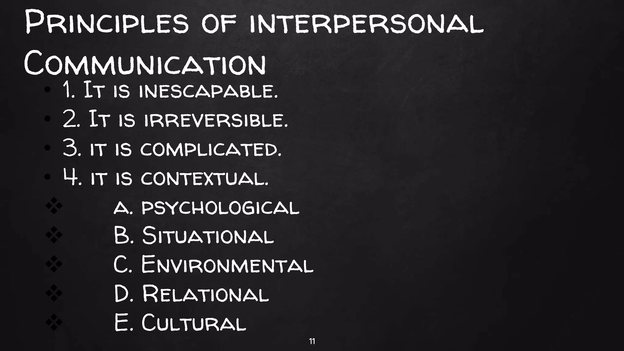 Principles of interpersonal
Communication
11
• 1. It is inescapable.
• 2. It is irreversible.
• 3. it is complicated.
• 4. it is contextual.
a. psychological
B. Situational
C. Environmental
D. Relational
E. Cultural