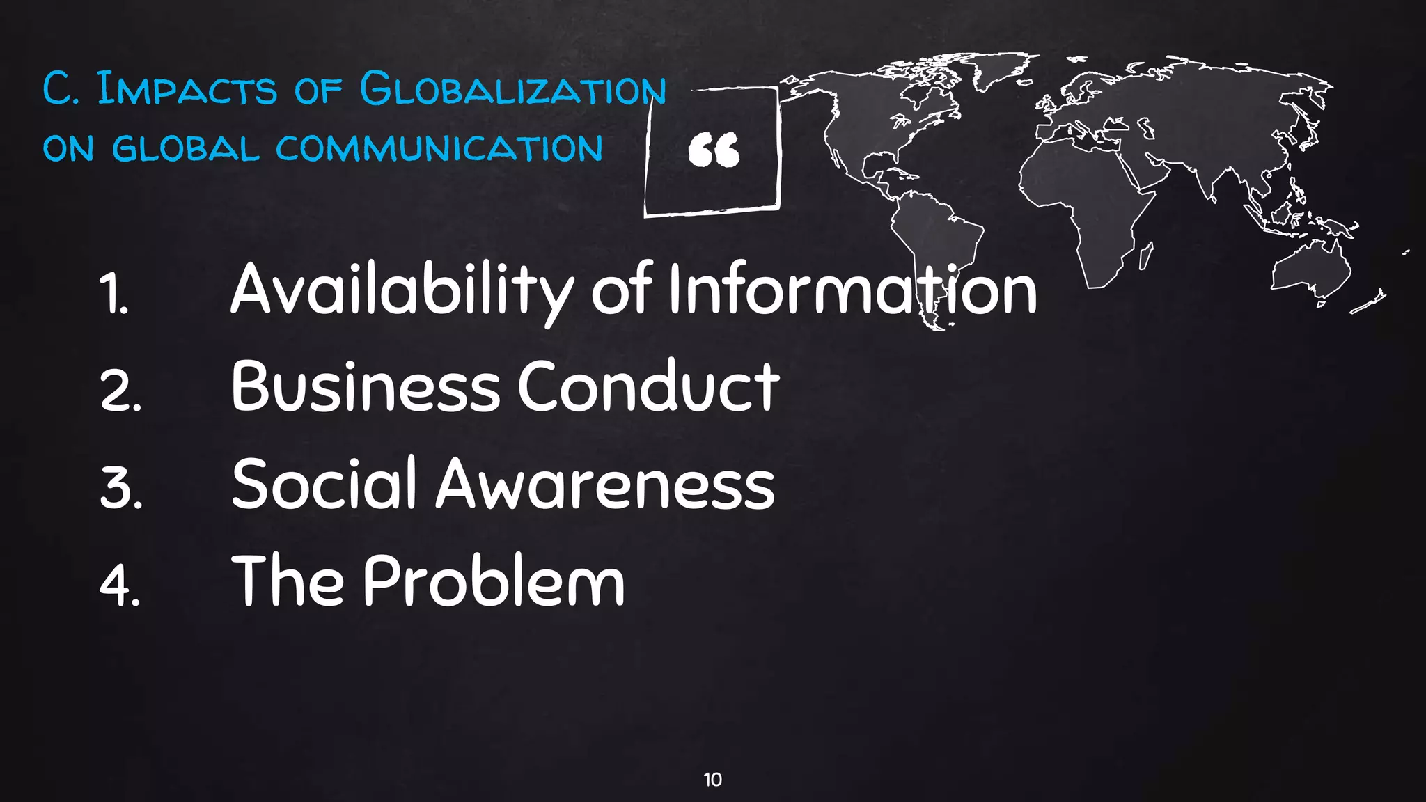 “1. Availability of Information
2. Business Conduct
3. Social Awareness
4. The Problem
10
C. Impacts of Globalization
on global communication