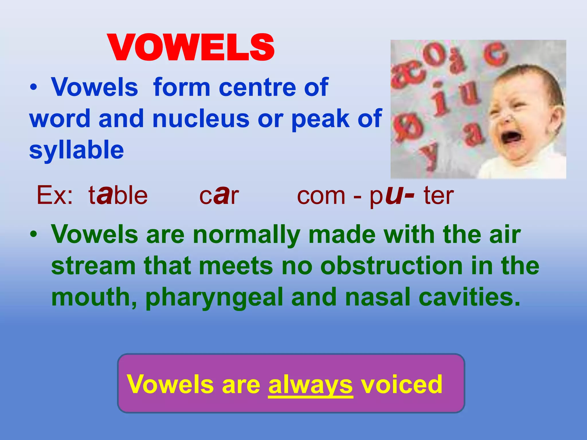 VOWELS
• Vowels form centre of
word and nucleus or peak of
syllable
Ex: table car com - pu- ter
• Vowels are normally made with the air
stream that meets no obstruction in the
mouth, pharyngeal and nasal cavities.
Vowels are always voiced
 