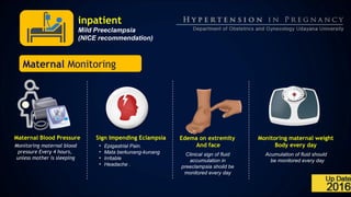 inpatient
Mild Preeclampsia
(NICE recommendation)
Maternal Monitoring
Maternal Blood Pressure
Monitoring maternal blood
pressure Every 4 hours,
unless mother is sleeping
Sign Impending Eclampsia
• Epigastrial Pain.
• Mata berkunang-kunang
• Irritable
• Headache .
Edema on extremity
And face
Clinical sign of fluid
accumulation in
preeclampsia shoild be
monitored every day
Monitoring maternal weight
Body every day
Acumulation of fluid should
be monitored every day
 