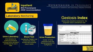 inpatient
Mild Preeclampsia
(NICE recommendation)
Urine Laboratory
Urine labratory for
proteinuria should be
monitored when admission
and followed for next 2
days
Urine Production
monitor of Urine
production every day
Normal production 0,5-
1cc/Kg/hours
Laboratory Monitoring
Blood Test
Hematocrite, Platelet, Liver
function test, Kidney
function test monitored
every 2 weeks
Gestosis Index
Gestos index should be monitored for the
prognostic value in preeclamsia case
 