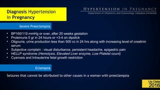 Diagnosis Hypertension
in Pregnancy
Severe Preeclampsia
• BP160/110 mmHg or over, after 20 weeks gestation
• Proteinuria 5 gr in 24 hours or +3-4 on dipstick
• Oligouria, urine production less than 500 cc in 24 hrs along with increasing level of creatinin
serum
• Subjective complain : visual disturbance, persistent headache, epigastric pain
• HELLP syndrome (Hemolysis, Elevated Liver enzyme, Low Platelet count)
• Cyanosis and Intrauterine fetal growth restriction
Eclampsia
Seizures that cannot be attributed to other causes in a woman with preeclampsia
 