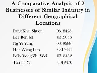 A Comparative Analysis of 2
Businesses of Similar Industry in
Different Geographical
Locations
Pang Khai Shuen 0318423
Lee Ren Jet 0319058
Ng Yi Yang 0319688
Hor Weng Lim 0319441
Felix Vong Zhi Wei 0318462
Tan Jia Yi 0319476
 