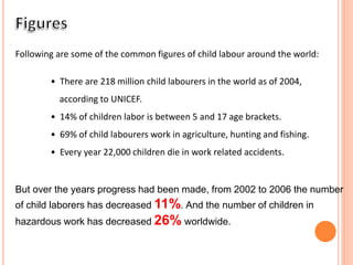 Following are some of the common figures of child labour around the world:
• There are 218 million child labourers in the world as of 2004,
according to UNICEF.
• 14% of children labor is between 5 and 17 age brackets.
• 69% of child labourers work in agriculture, hunting and fishing.
• Every year 22,000 children die in work related accidents.
But over the years progress had been made, from 2002 to 2006 the number
of child laborers has decreased 11%. And the number of children in
hazardous work has decreased 26% worldwide.
 