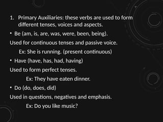 1. Primary Auxiliaries: these verbs are used to form
different tenses, voices and aspects.
• Be (am, is, are, was, were, been, being).
Used for continuous tenses and passive voice.
Ex: She is running. (present continuous)
• Have (have, has, had, having)
Used to form perfect tenses.
Ex: They have eaten dinner.
• Do (do, does, did)
Used in questions, negatives and emphasis.
Ex: Do you like music?
 