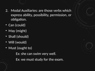 2. Modal Auxiliaries: are those verbs which
express ability, possibility, permission, or
obligation.
• Can (could)
• May (might)
• Shall (should)
• Will (would)
• Must (ought to)
Ex: she can swim very well.
Ex: we must study for the exam.
 