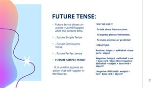 16
FUTURE TENSE:
• Future tense shows an
action that will happen
after the present time.
• . Future Simple Tense
• . Future Continuons
Tense
• . Future Perfect tense
• FUTURE SIMPLE TENSE:
It is used to express an
action that will happen in
the futures.
WHY WE USE IT
To talk about future actions.
To express plans or intentions.
To make promises or predicted
STRUCTURE:
Positive: Subject + will/shall + base
verb + object
Negative: Subject + will/shall + not
+ base verb +object Interrogative:
Will/shall + subject + base verb +
object?
Negative: Will/shall + subject +
not + base verb + object?
 