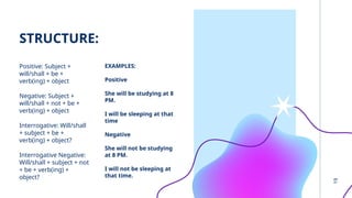 19
STRUCTURE:
Positive: Subject +
will/shall + be +
verb(ing) + object
Negative: Subject +
will/shall + not + be +
verb(ing) + object
Interrogative: Will/shall
+ subject + be +
verb(ing) + object?
Interrogative Negative:
Will/shall + subject + not
+ be + verb(ing) +
object?
EXAMPLES:
Positive
She will be studying at 8
PM.
I will be sleeping at that
time.
Negative
She will not be studying
at 8 PM.
I will not be sleeping at
that time.
 