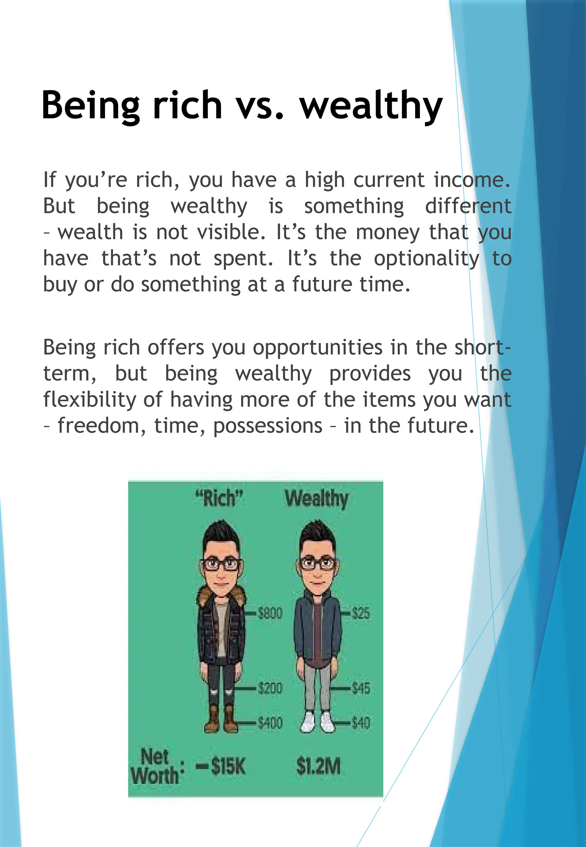 Being rich vs. wealthy
If you’re rich, you have a high current income.
But being wealthy is something different
– wealth is not visible. It’s the money that you
have that’s not spent. It’s the optionality to
buy or do something at a future time.
Being rich offers you opportunities in the short-
term, but being wealthy provides you the
flexibility of having more of the items you want
– freedom, time, possessions – in the future.
 