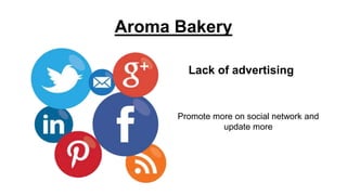 Aroma Bakery
Promote more on social network and
update more
Lack of advertising
 