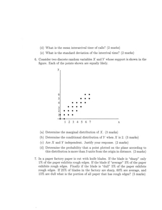 (d) W h a t is the mean interarrival time of calls? (2 marks)
    (e) W h a t is the standard deviation of the interrival time? (2 marks)

6. Consider two discrete random variables X and Y whose support is shown in the
   figure. Each of the points shown are equally likely.




                                • • •
                            • • • •
                          • • • •
                      • • • •
                      •• •
                     -•
                      1 2 3 4 5 6 7


    (a) Determine the marginal distribution of X. (3 marks)
   (b) Determine the conditional distribution of Y when X is 2. (3 marks)
    (c) Are X and Y independent. Justify your response. (2 marks)
   (d) Determine the probability that a point plotted on the plane according to
       this distribution is more t h a n 3 units from the origin in distance. (2 marks)

7. In a paper factory paper is cut with knife blades. If the blade is "sharp" only
   1% of the paper exhibits rough edges. If the blade if "average" 3% of the paper
   exhibits rough edges. Finally if the blade is "dull" 5% of the paper exhibits
   rough edges. If 25% of blades in the factory are sharp, 60% are average, and
   15% are dull what is the portion of all paper that has rough edges? (5 marks)
 