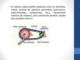 • El sistema cadena-piñón podemos verlo en bicicletas,
motos, puertas de apertura automática (ascensores,
supermercados, aeropuertos, etc.), mecanismos
internos de motores; pero solamente permite acoplar
ejes paralelos entre si.
 