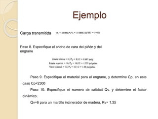 Ejemplo
Carga transmitida
Paso 8. Especifique el ancho de cara del piñón y del
engrane
Paso 9. Especifique el material para el engrane, y determine Cp, en este
caso Cp=2300
Paso 10. Especifique el numero de calidad Qv, y determine el factor
dinámico.
Qv=6 para un martillo incinerador de madera, Kv= 1.35
 