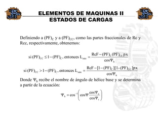 ELEMENTOS DE MAQUINAS II 
ESTADOS DE CARGAS 
Definiendoa(PF)Cya(PF)CC,comolaspartesfraccionalesdeRcyRcc,respectivamente,obtenemos: DondeΨbrecibeelnombredeángulodehélicebaseysedeterminaapartirdelaecuación: bCCCminCCCcosΨpx(PF)(PF)RcFLentonces,(PF)1(PF)si   bCCCminCCCcosΨ]px(PF)-][1(PF)1[RcFLentonces,(PF)1(PF)si          tn1bcosΨcosΨcosΨcosΨ  