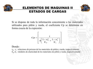 ELEMENTOS DE MAQUINAS II 
ESTADOS DE CARGAS 
Sisedisponedetodalainformaciónconcernientealosmaterialesutilizadosparapiñónyrueda,elcoeficienteCpsedeterminaenformaexactadelaexpresión: 
Donde: 
νp,νr:relacionesdepoissondelosmaterialesdepiñónyrueda,respectivamente 
Ep,Er:módulosdeelasticidaddelosmaterialesdepiñónyrueda,respectivamente 
                     r2rP2PEυ1Eυ1π1Cp  