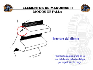 Fractura del dienteFormación de una grieta en laraíz del diente, debido a fatigapor repetición de carga 
ELEMENTOS DE MAQUINAS II 
MODOS DE FALLA  