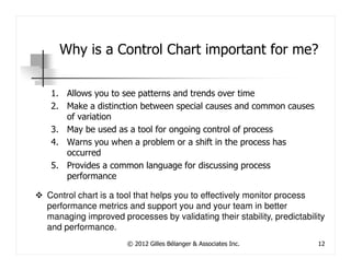 Why is a Control Chart important for me?

 1. Allows you to see patterns and trends over time
 2. Make a distinction between special causes and common causes
    of variation
 3. May be used as a tool for ongoing control of process
 4. Warns you when a problem or a shift in the process has
    occurred
 5. Provides a common language for discussing process
    performance

Control chart is a tool that helps you to effectively monitor process
performance metrics and support you and your team in better
managing improved processes by validating their stability, predictability
and performance.
                     © 2012 Gilles Bélanger & Associates Inc.          12
 