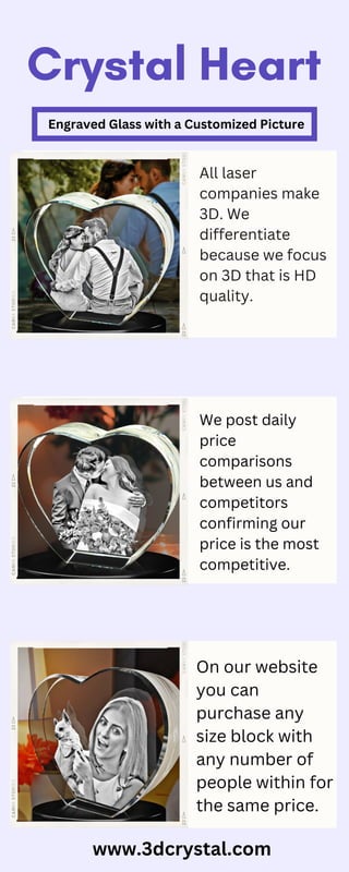 Crystal Heart
All laser
companies make
3D. We
differentiate
because we focus
on 3D that is HD
quality.
We post daily
price
comparisons
between us and
competitors
confirming our
price is the most
competitive.
On our website
you can
purchase any
size block with
any number of
people within for
the same price.
www.3dcrystal.com
Engraved Glass with a Customized Picture
 