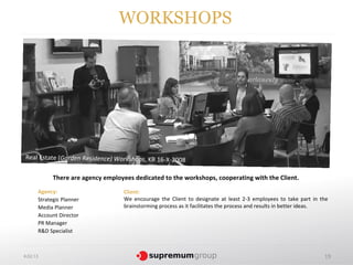 WORKSHOPS




Real Estate (Garden Residence) Workshops, KR 16-X-2008

            There are agency employees dedicated to the workshops, cooperating with the Client.
      Agency:                      Client:
      Strategic Planner            We encourage the Client to designate at least 2-3 employees to take part in the
      Media Planner                brainstorming process as it facilitates the process and results in better ideas.
      Account Director
      PR Manager
      R&D Specialist



4.02.13                                                                                                          19
 