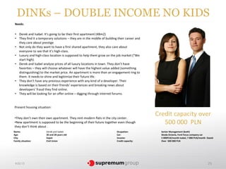 DINKs – DOUBLE INCOME NO KIDS
 Needs:


 • Derek and Isabel. It’s going to be their first apartment (48m2)
 • They find it a temporary solutions – they are in the middle of building their career and
   they care about prestige
 • Not only do they want to have a first shared apartment, they also care about
   everyone to see that it’s high-class.
 • Luxury and high-class location is supposed to help them grow on the job market (“We
   start high).
 • Derek and Isabel analyze prices of all luxury locations in town. They don’t have
   favorites – they will choose whatever will have the highest value added (something
   distinguishing) to the market price. An apartment is more than an engagement ring to
   them. It needs to shine and legitimize their future life.
 • They don’t have any previous experience with any kind of a developer. Their
   knowledge is based on their friends’ experiences and breaking news about
   developers’ fraud they find online.
 • They will be looking for an offer online – digging through internet forums.


Present housing situation:


•They don’t own their own apartment. They rent modern flats in the city center.
                                                                                              Credit capacity over
•New apartment is supposed to be the beginning of their future together even though              500 000 PLN
they don’t think about .
Name:                  Derek and Isabel.                                  Ocupation:            Senior Management (both)
Age:                   30 and 28 years old                                Car:                  Skoda Octavia, Ford Focus company car
City:                  Sopot                                              Income:               5 000PLN/month Isabel, 7 000 PLN/month Daeek
Family situation:      Civil Union                                        Credit capacity:      Over 500 000 PLN




 4.02.13                                                                                                                               25
 