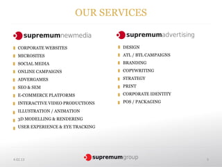 OUR SERVICES


  CORPORATE WEBSITES               DESIGN
  MICROSITES                       ATL / BTL CAMPAIGNS

  SOCIAL MEDIA                     BRANDING

  ONLINE CAMPAIGNS                 COPYWRITING

  ADVERGAMES                       STRATEGY

  SEO & SEM                        PRINT

  E-COMMERCE PLATFORMS             CORPORATE IDENTITY

  INTERACTIVE VIDEO PRODUCTIONS    POS / PACKAGING

  ILLUSTRATION / ANIMATION
  3D MODELLING & RENDERING
  USER EXPERIENCE & EYE TRACKING




4.02.13                                                  5
 
